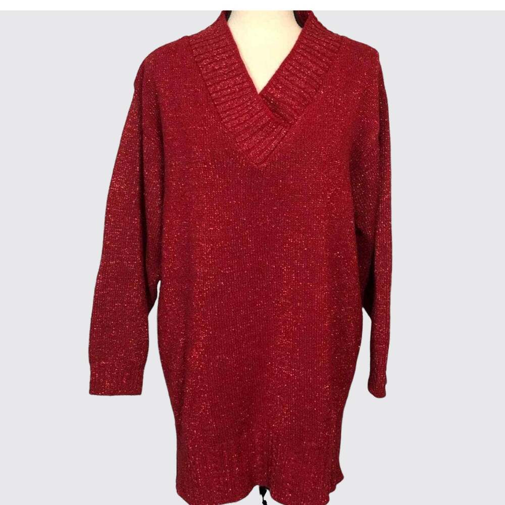 Diane Von Furstenberg Sweater Large Red Shimmery Long Sleeve V-Neck Vintage